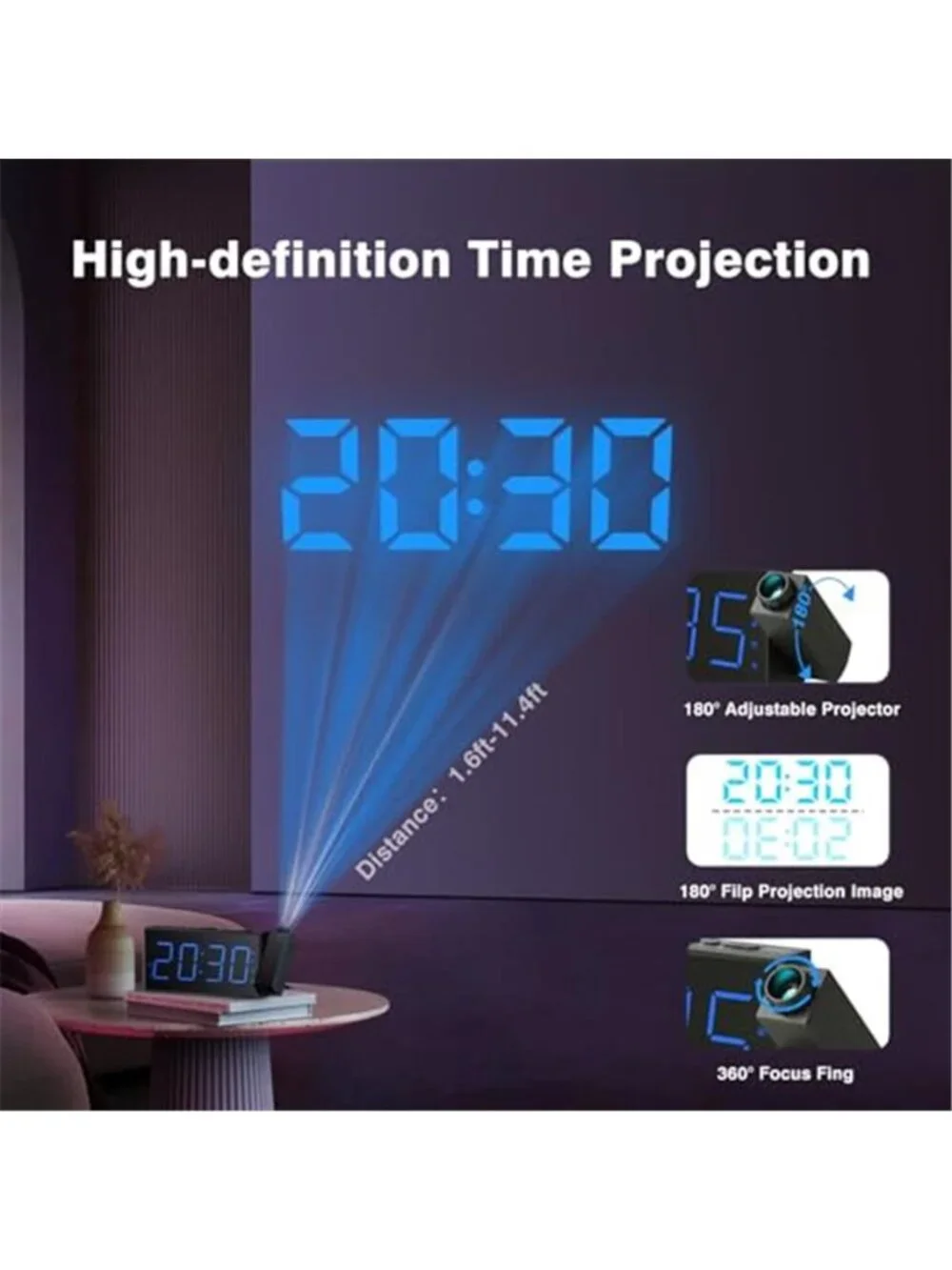 Projection Alarm Clock Radio LED Digital Dual Alarm USB Charger Ceiling